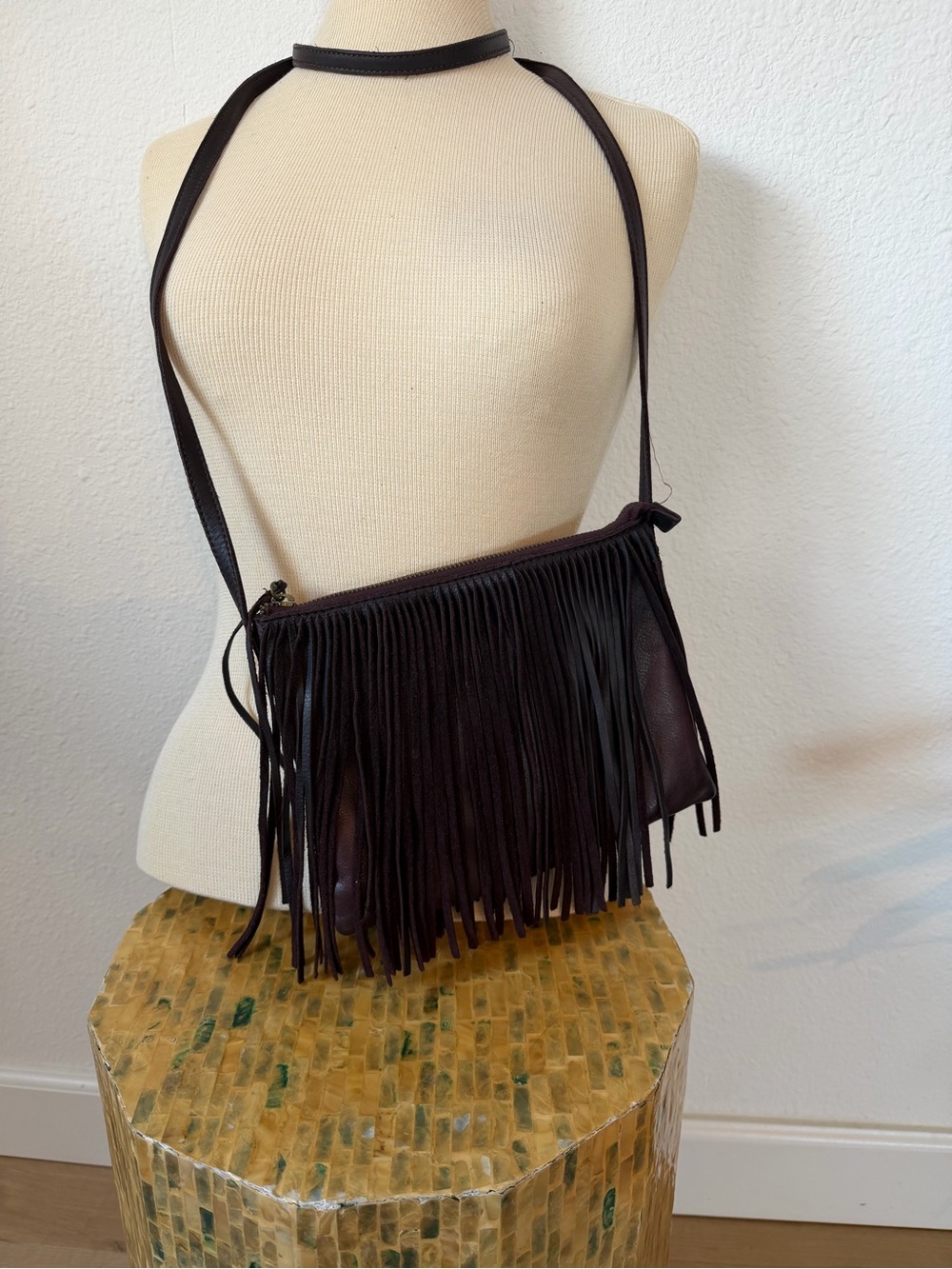 Vintage Burgundy Leather Fringe Crossbody Bag